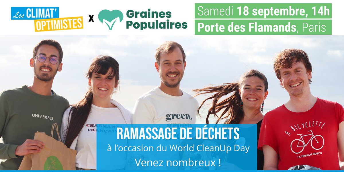🌱 Pour la rentrée, on protège la #biodiversité !
☀️ Samedi, à l'occasion du World CleanUp Day, viens ramasser les déchets avec nous et @Grainespop
🗓 Inscris-toi ici pour avoir toutes les infos : climatoptimistes.typeform.com/to/Nf6Hdp
 #WCUD2021 #KeepItClean #EcologiePopulaire