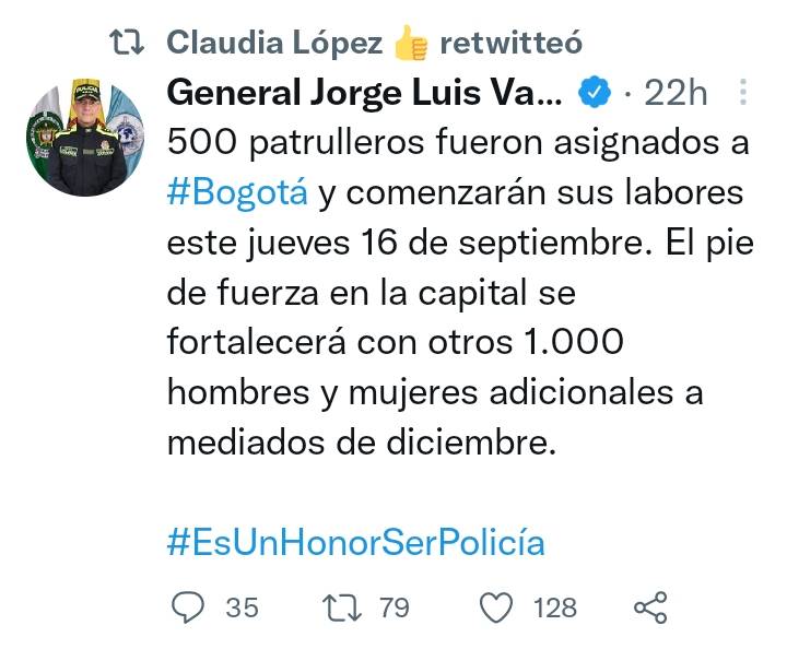 noretornocol's tweet photo. La militarización de Bogotá no es la respuesta. Claudia López solicita 2.000 militares para el patrullaje conjunto con la policía, hoy han sido asignado 300  militares y 500 patrulleros, esperando llegar a otros 1.000 patrulleros en diciembre. 

#6402Razones
#ApoyoMilitarEs https://t.co/c0bjDeIiY1