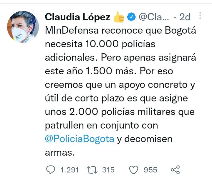 noretornocol's tweet photo. La militarización de Bogotá no es la respuesta. Claudia López solicita 2.000 militares para el patrullaje conjunto con la policía, hoy han sido asignado 300  militares y 500 patrulleros, esperando llegar a otros 1.000 patrulleros en diciembre. 

#6402Razones
#ApoyoMilitarEs https://t.co/c0bjDeIiY1