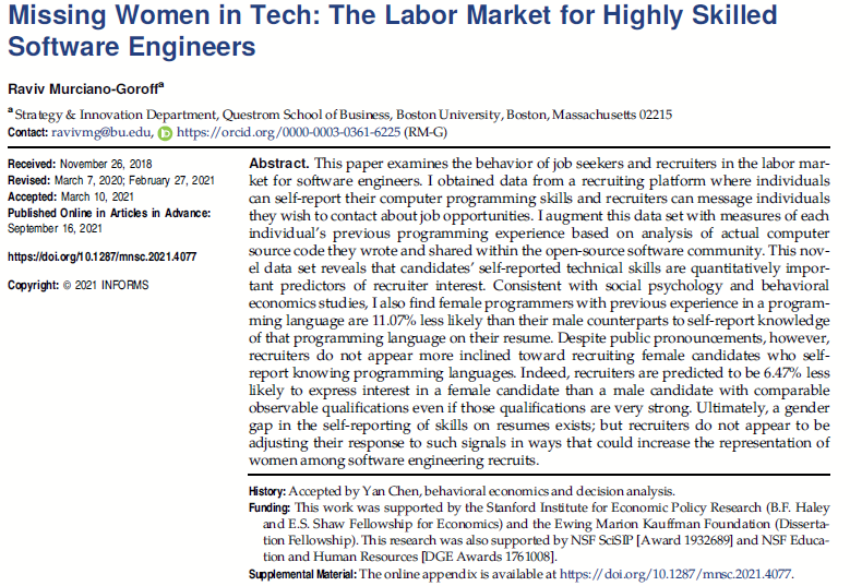 Fresh out of Man Sci today, an article by <a href="/ravivmg/">Raviv Murciano-Goroff</a> on women in tech. Raviv matches candidates self reported programming skills to observed programmings skills from open source code to see how self-reported skills vary from observed skills.

You know where this is going...