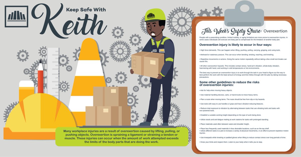 ami_asphalt's tweet photo. Many workplace injuries are a result of overexertion. Read what Keith has to say about why overexertion occurs and some of the best ways to prevent it from happening! #keepsafewithkeith #AMIsafetymessage #SafetyMatters #SafetyThursdays #Overexertion https://t.co/9885YpcwRn