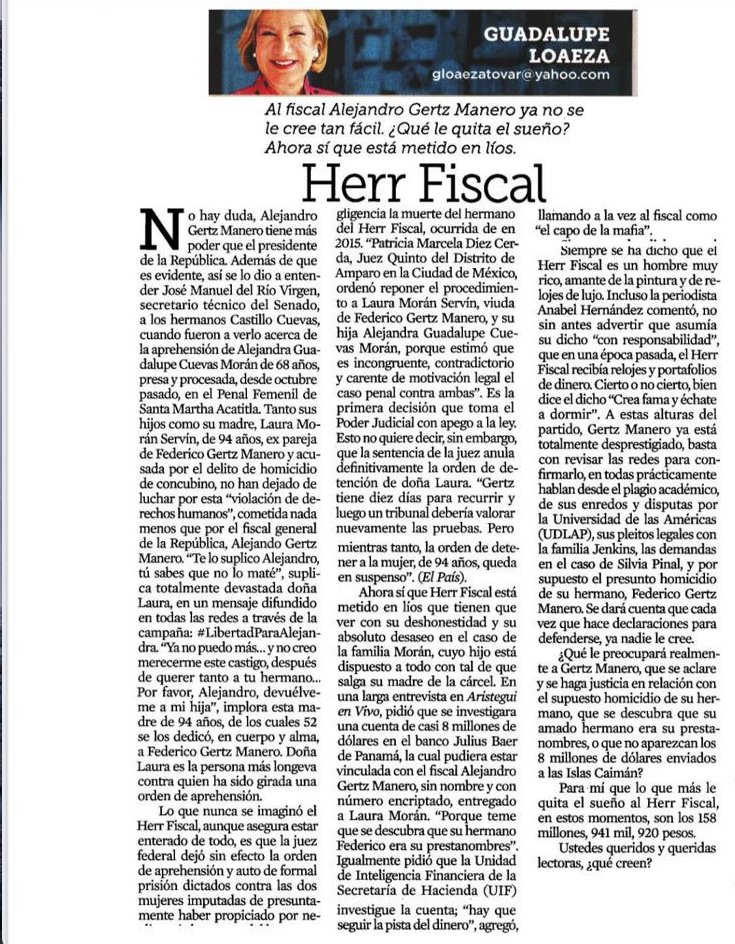 acastilloDC's tweet photo. "¿Para mi lo que más le quita el sueño al Herr Fiscal, son los 158 millones, 941 mil,920 pesos”. @gloaeza 

A Gertz siempre le encantaron los paraísos fiscales, los aviones privados y torturar a mi abuela teniendo a su hija presa.

#OnceMesesSinMamá 
#LibertadParaAlejandra https://t.co/EAtB35vCWX