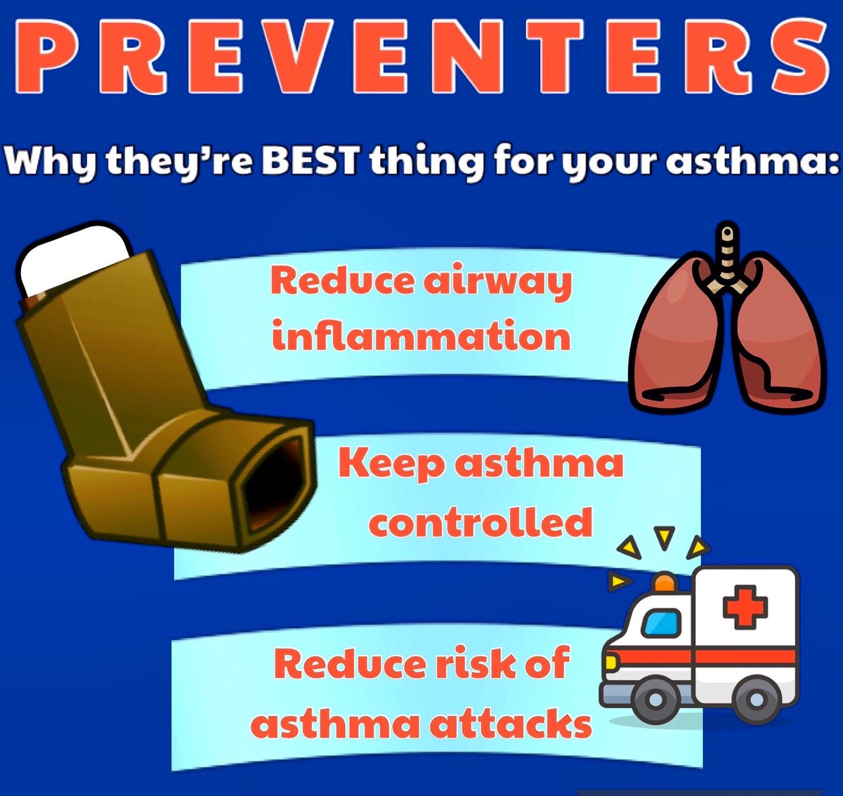 CHAHAsthma's tweet photo. Your #preventerinhaler is the mainstay of your asthma treatment. It keeps your asthma controlled and reduces the risk of excessive rescue inhaler use and asthma attacks #Week38 #AskAboutAsthma https://t.co/jiPUTSIrM4