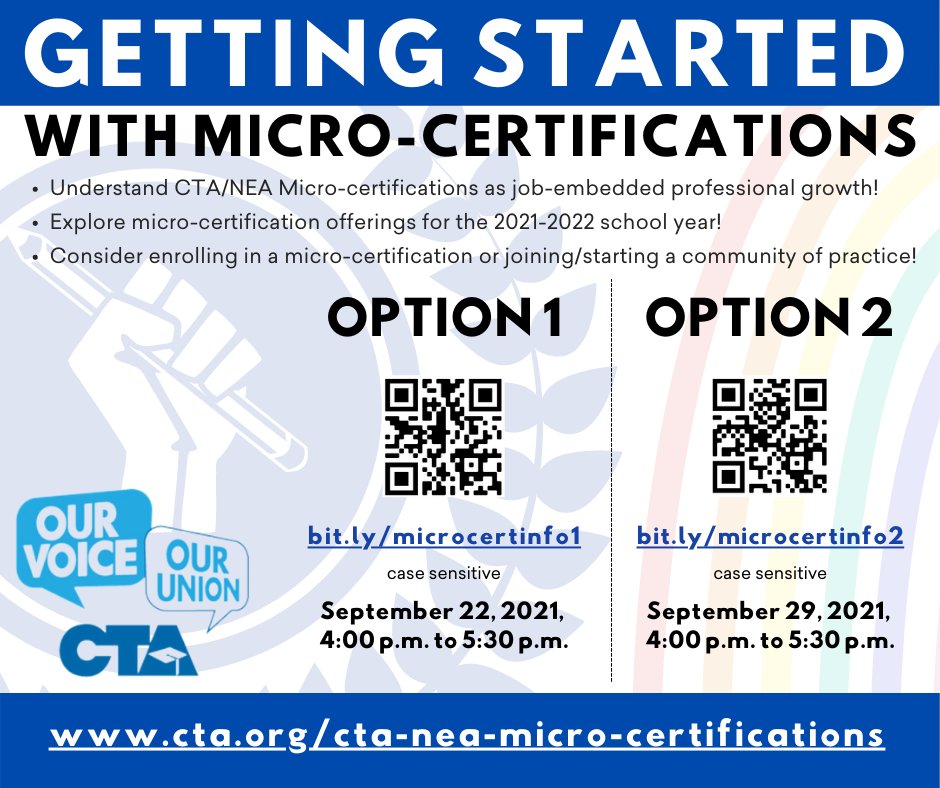 WeAreCTA's tweet photo. We are excited to offer CTA/NEA Micro-Certifications free of charge on a variety of topics for practitioners. Micro-certifications are job-embedded professional learning opportunities designed by educators for educators. Two informational meetings upcoming. Details below. #CTAIPD https://t.co/9ziCCd5Dau