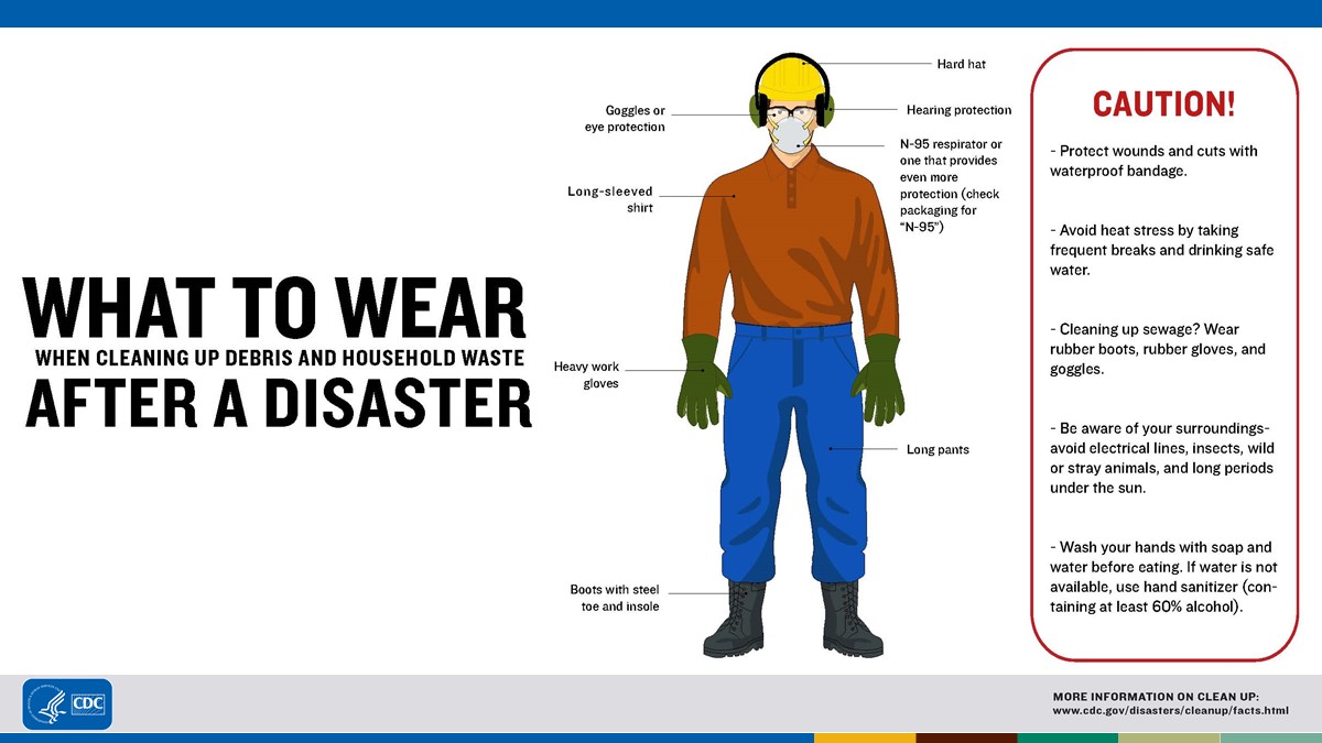 CDCEnvironment's tweet photo. Wear rubber boots, rubber gloves, long sleeves, long pants, and goggles during cleanup of flooded areas. Afterwards, wash your cleanup clothes separately from uncontaminated clothing in hot water and detergent. Learn more: https://t.co/wN5xZosXsS. https://t.co/1Jb9LY8bZN
