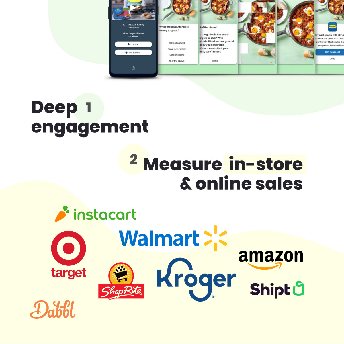 The Dabbl 1-2. Deep engagement + measure in-store &amp; online sales

1 Full video plays, trivia, give feedback. 42 sec per experience avg

2 Partner with consumers rather than stalk them around the interwebs = rare insights like tying digital ads to in-store sales