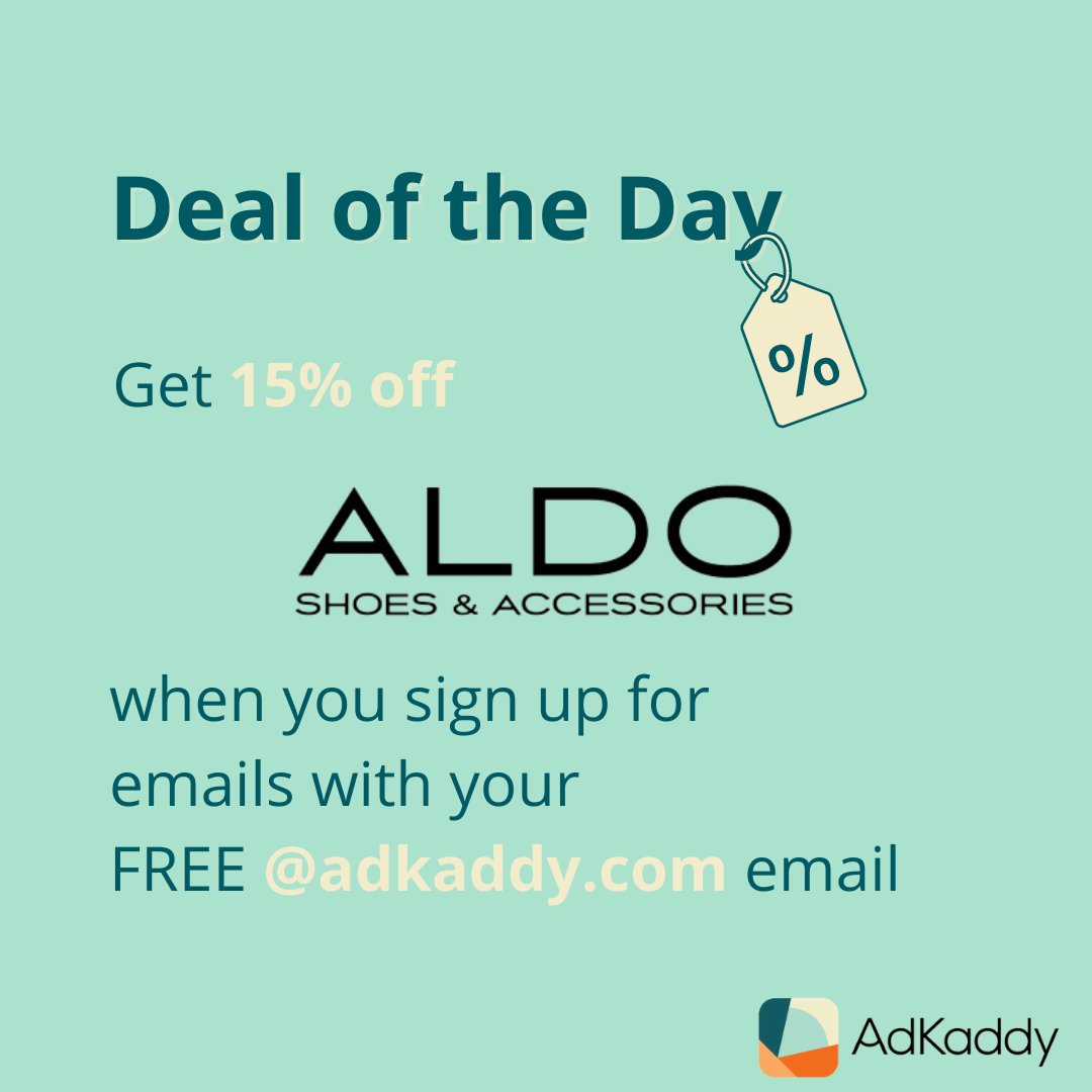 AdKaddy's tweet image. Today's Deal of the Day is 15% off your first purchase at Aldo! Use your free AdKaddy email to subscribe.

#adkaddy #consumerlife #onlineshopping
#brandmanagement #organization #organizemyinbox
#inboxclarity #takebackcontrol #retail #discounts