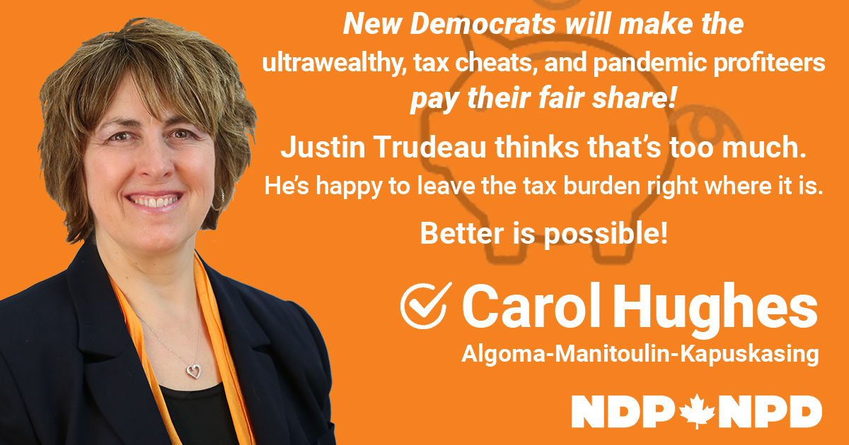 New Democrats will make the ultrawealthy, tax cheats, and pandemic profiteers pay their fair share.
Justin Trudeau thinks that’s too much.  He’s happy to leave the tax burden right where it is.
Better is possible!
 bit.ly/3AlRp0z