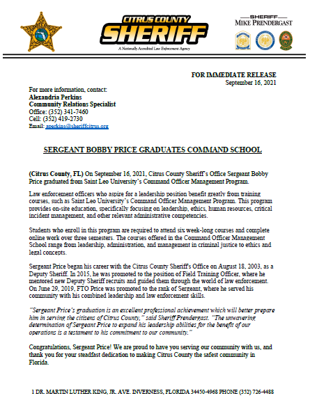 SheriffCitrus's tweet image. SERGEANT BOBBY PRICE GRADUATES COMMAND SCHOOL- On September 16, 2021, Citrus County Sheriff’s Office Sergeant Bobby Price graduated from Saint Leo University’s Command Officer Management Program. Congratulations, Sgt. Price!

#CCSOconnecting #StLeoUniversity #CommandSchool (1528)