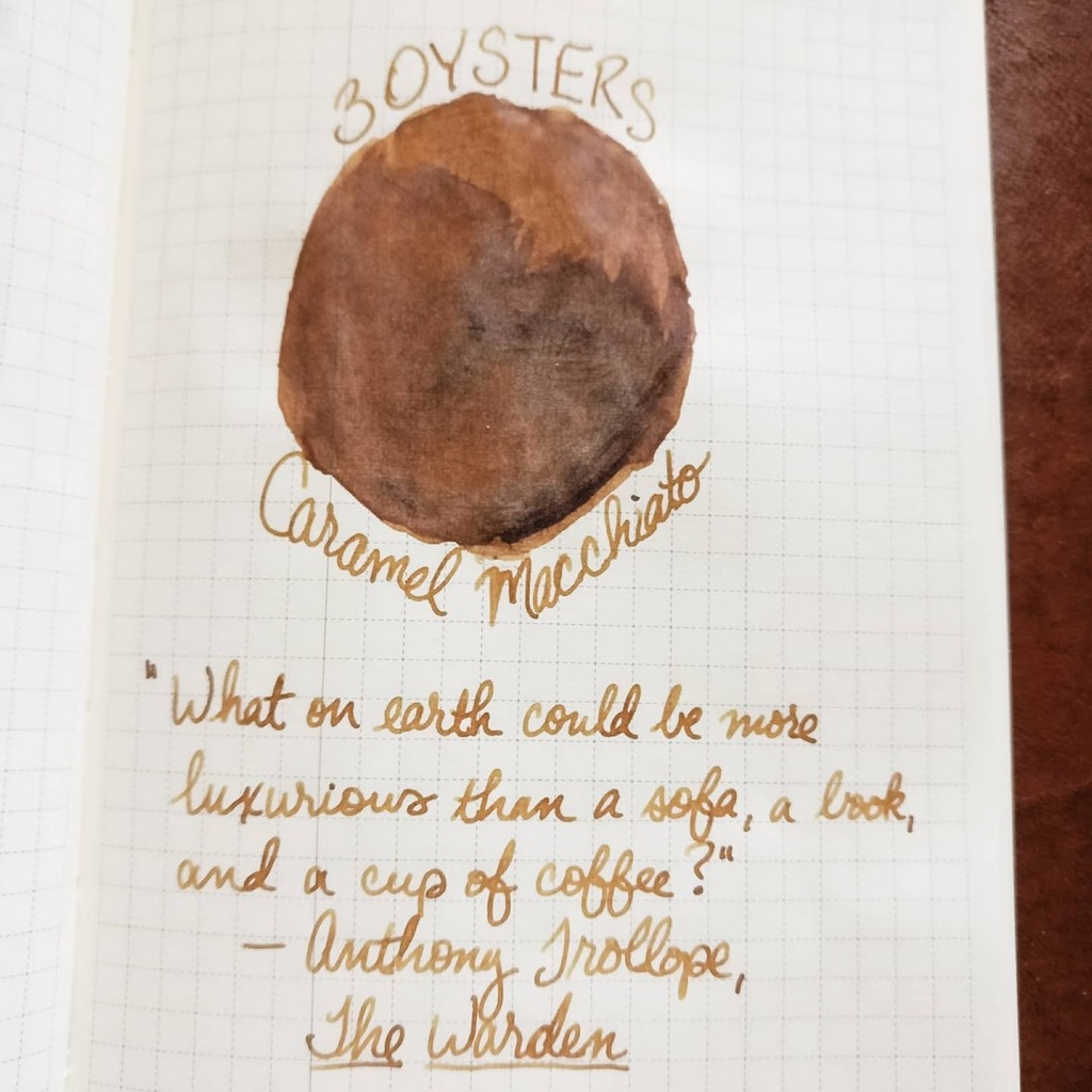 3 Oysters Caramel Macchiato is a warm light brown. This ink highlights my weakness for inks with coffee-related names. I love writing on ivory paper with golden brown ink.

"What on earth could be more luxurious than a sofa, a book, and a cup of coffee?"… instagr.am/p/CT5L69BPvFt/