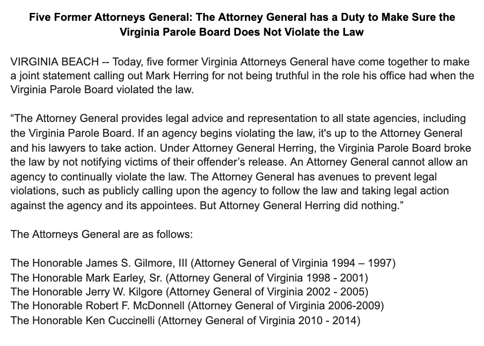 JasonMiyaresVA's tweet photo. #BREAKING - Five Former Attorneys General Release Joint Statement Criticizing Mark Herring

"The Attorney General has a Duty to Make Sure the Virginia Parole Board Does Not Violate the Law" https://t.co/tbETs11SGV