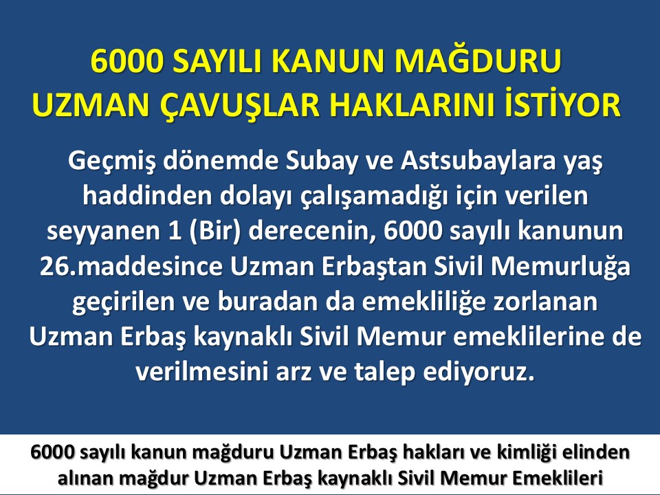 <a href="/MuratNR3/">Murat ÖNÜR</a> <a href="/tcbestepe/">T.C. Cumhurbaşkanlığı</a> <a href="/RTErdogan/">Recep Tayyip Erdoğan</a> <a href="/tcsavunma/">T.C. Millî Savunma Bakanlığı</a> <a href="/MustafaSentop/">Mustafa Şentop</a> <a href="/nacibostanci/">M. Naci Bostancı</a> <a href="/mehmedmus/">Dr. Mehmet Muş</a> <a href="/turanbulent/">Bülent TURAN</a> <a href="/AvOzlemZengin/">Av. Özlem Zengin 🇹🇷</a> <a href="/akbasogluemin/">Av. M.Emin AKBAŞOĞLU 🇹🇷</a> <a href="/avcahitozkan/">Cahit ÖZKAN</a> <a href="/Akparti/">AK Parti</a> @Belmasatir <a href="/omerrcelik/">Ömer Çelik</a> <a href="/BY/">Binali Yıldırım</a> <a href="/TSKGnkur/">TSK</a> <a href="/tbmmakpartigrup/">TBMM AK Parti Grup</a> <a href="/TBMMresmi/">TBMM</a> <a href="/kayaismail80/">İSMAiL KAYA 🇹🇷</a> <a href="/suleymansoylu/">Süleyman Soylu</a> <a href="/bybekirbozdag/">Bekir  Bozdağ</a> @yilmaz_ismet58 <a href="/UlviYonter/">Dr.İzzet Ulvi YÖNTER</a> Sayın Cumhurbaşkanım.
<a href="/RTErdogan/">Recep Tayyip Erdoğan</a> 45 yaş kıstası nedeniyle Çalışamadığımızdan/Çalıştırılmadığımızdan  hizmet yıllarımız az.Derece/Kademelerimiz yeterince ilerleyemedi.2016 yılında astsubaylara verilen derece kademe iyileştirmesinin emekli uzman çavuş'larada verilmesini istiyoruz