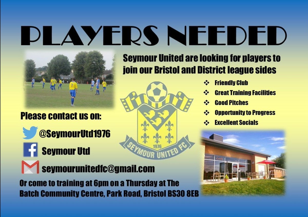 SeymourUtd1976's tweet image. PLAYERS NEEDED!

Sadly we aren't immune to what seems to be a general lack of players.

We have 4 teams, we'd like to keep it that way and grow the club.
If you fancy giving it a go or know anyone that does....or if you're regretting that retirement, get in touch!
@bsoccerworld