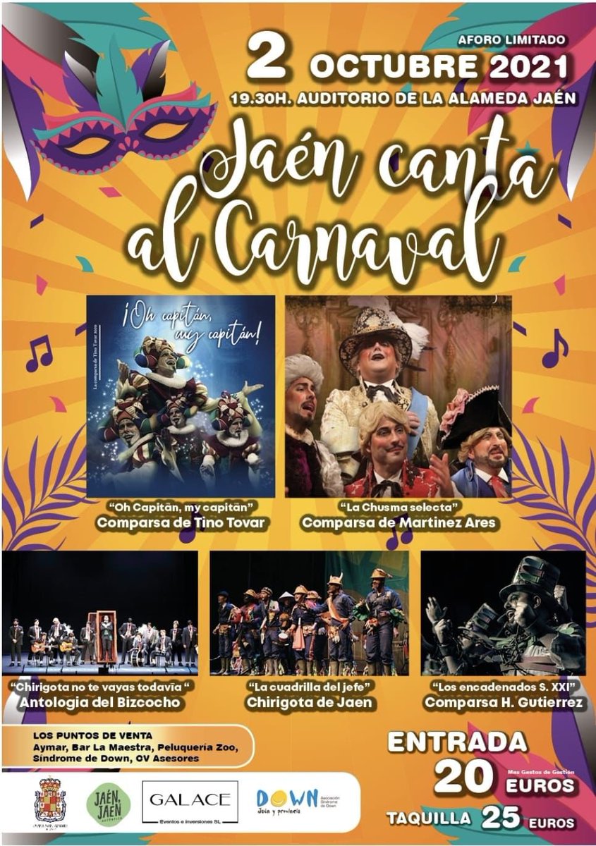 El próximo 2 de octubre tendrá lugar la Gran Fiesta Del Carnaval a beneficio de la A.S. de Down Jaén y Provincia, os esperamos a todos, las entradas las podéis encontrar en diferentes puntos de venta además de en la asociación. En el cartel tenéis toda la información. ANIMAROS