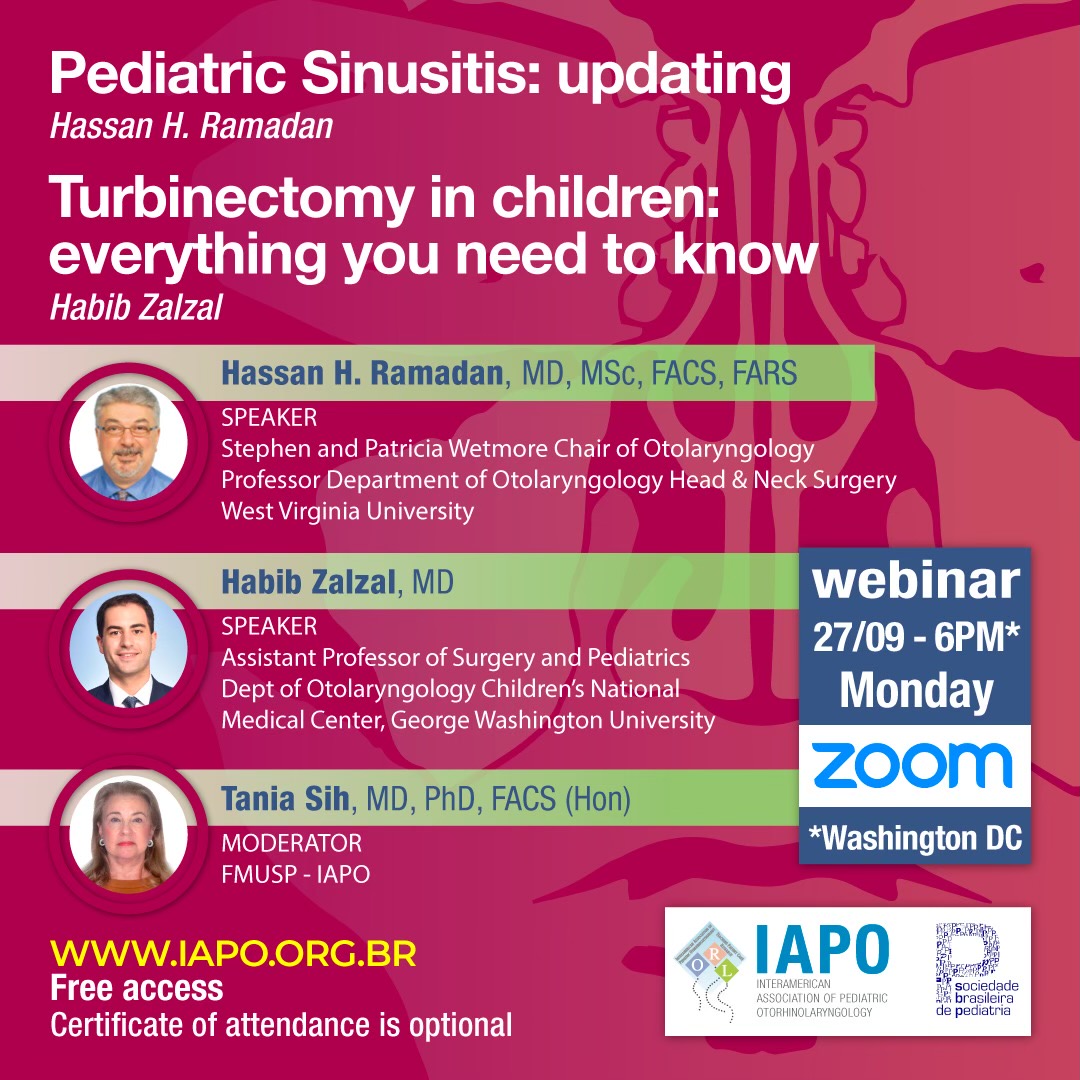 Our chairman, Dr. Hassan Ramadan will be a speaker, along with Alumnus Dr. Habib Zalzal, at the <a href="/IAOP/">IAOP</a> webinar on September 27th at 6pm (EST). Be sure to drop in to hear the latest updates regarding Pediatric Sinusitis! #Otolaryngology #PediatricENT #IAOP