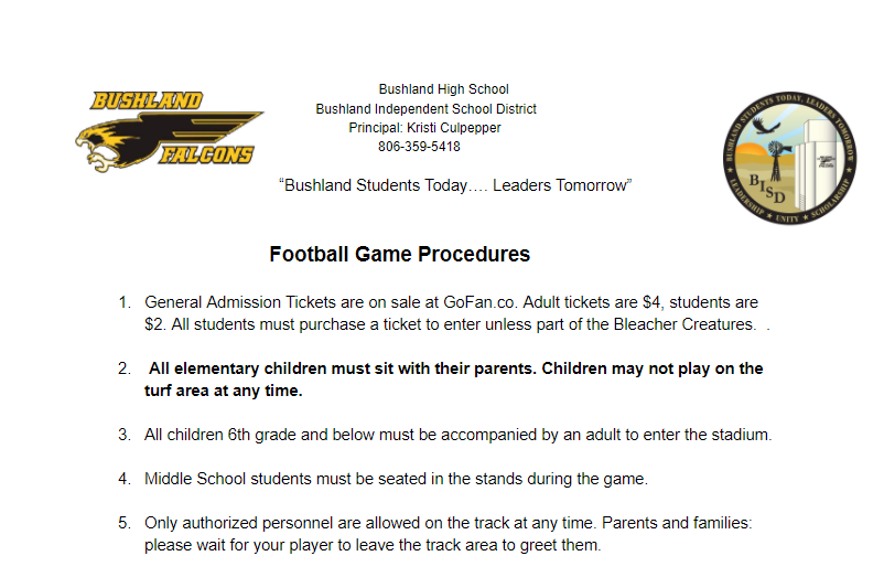 BushlandHS's tweet photo. @BushlandISD please see the following information prior to our first home football game tomorrow night. https://t.co/KyRjAxhYTJ