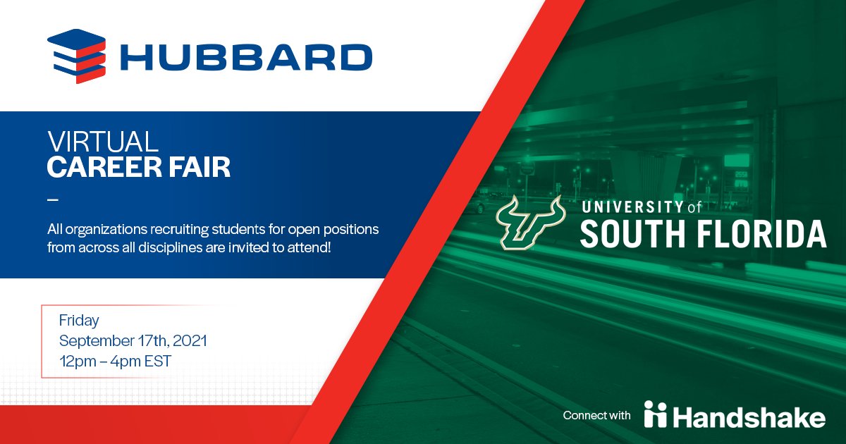 Attention students! Check out Hubbard Friday, Sept 17th from noon to 4pm at the USF virtual career fair: loom.ly/lt9N440 Find out about our company and the amazing career opportunities in the construction industry.

Sign up via handshake: loom.ly/RnObpQg