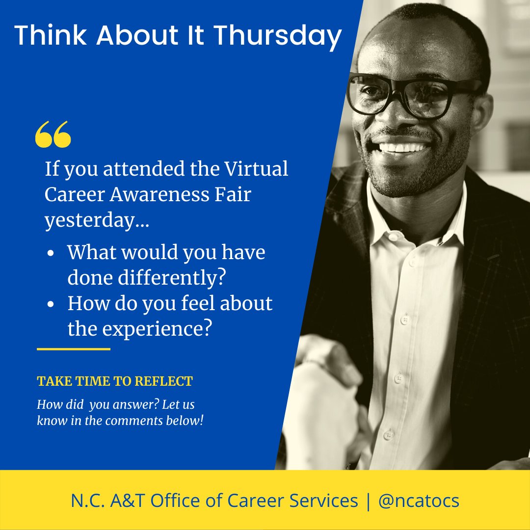 ncatocs's tweet photo. How did you feel about the Virtual Career Awareness Fair yesterday? Let us know! #ncat21 #ncat22 #ncat23 #ncat24 #ncat25 #ncatsga #aggiepride #ncatocs #ncat #deesecobe #jomc #crosbykids #ncatcaes #ncatcahss #ncatchhs #ncatcost #ncatcoe https://t.co/iXToDALpFU