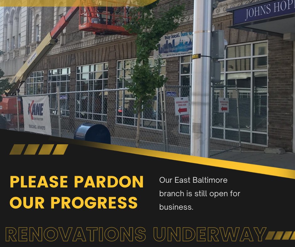 jhfcu's tweet photo. Please pardon our progress! Renovations are underway at our East Baltimore branch. Construction will not affect branch hours or access. https://t.co/Y1kDPneUcm