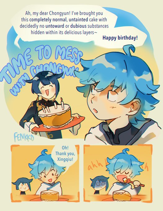 happy birthday chongyun!! 

your bestest most favoritest buddy good old xingqiu baked you something special to celebrate #xingyun 