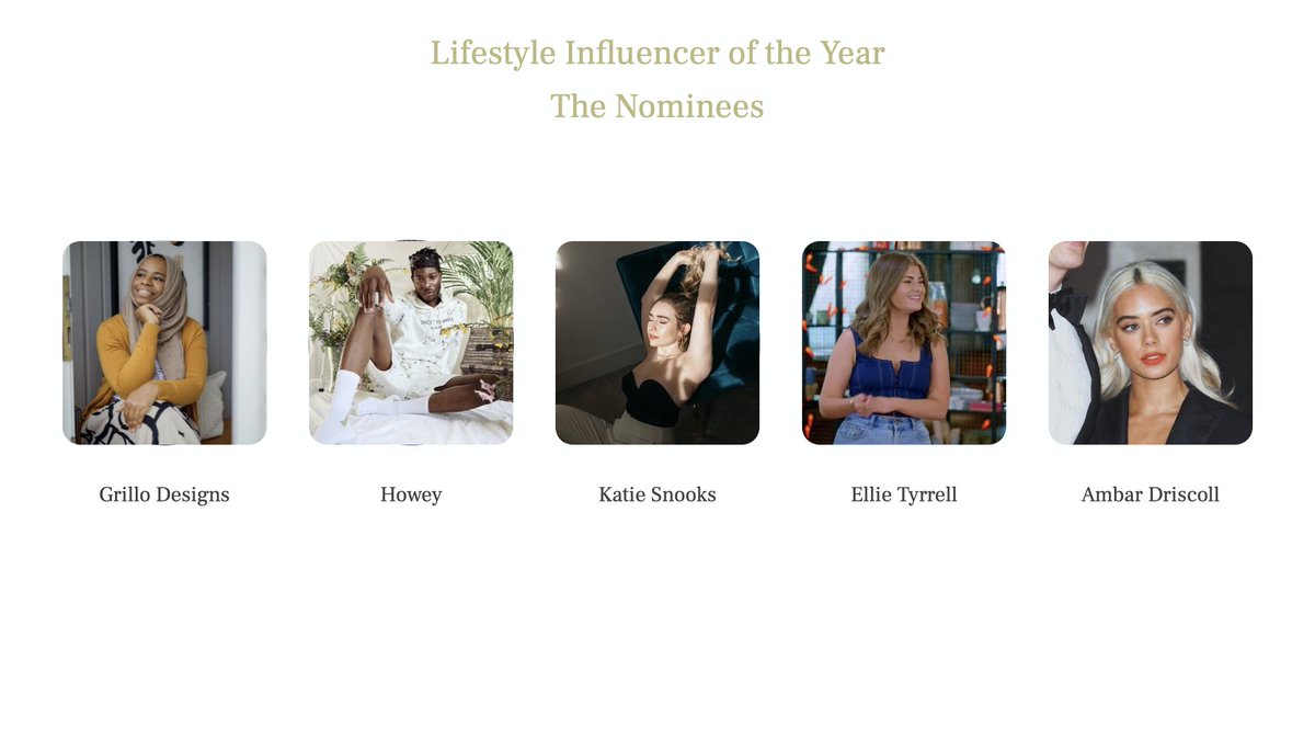 bcreatoruk's tweet photo. The nominee’s for Lifestyle Influencer of the Year are: 
@grillodesigns, @howeydon, @KateSnooks, Ellie Tyrell and Ambar Driscoll
#BlogosphereAwards2021 https://t.co/q5NppcxFVF