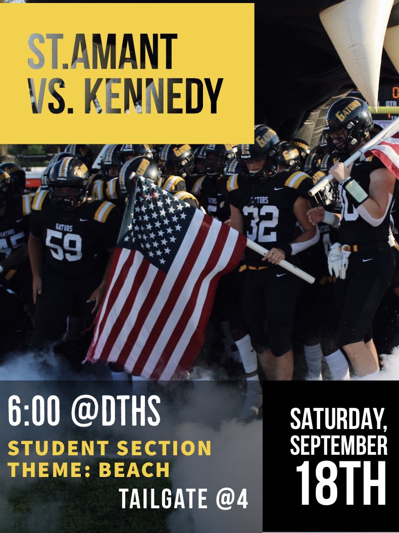 🚨**GAMEDAY ALERT**🚨 THE GATORS WILL BE TAKING ON THE JFK COUGARS THIS SATURDAY AT DUTCHTOWN. KICKOFF IS AT 6‼️ SEE YALL THERE🐊🏖