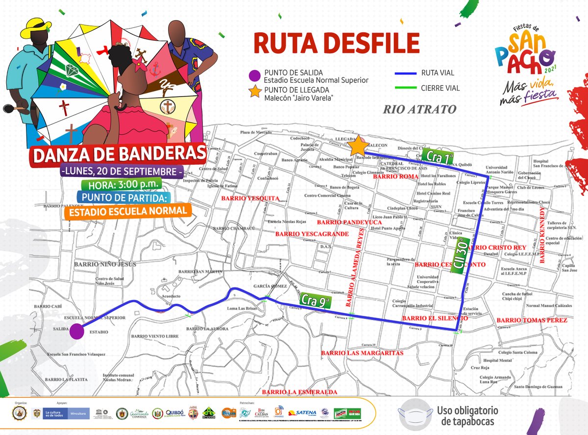 🔹San Pacho se toma Quibdó‼️ 🤩🥳 El 20 de septiembre tendremos la Danza de Banderas desde el Estadio Escuela Normal Superior hasta el Malecón 💃🕺👯‍♀️
El ingreso al Malecón será limitado y regulado por las autoridades 📣 Recuerden: ⚜️Es obligatorio el uso de tapabocas 😷