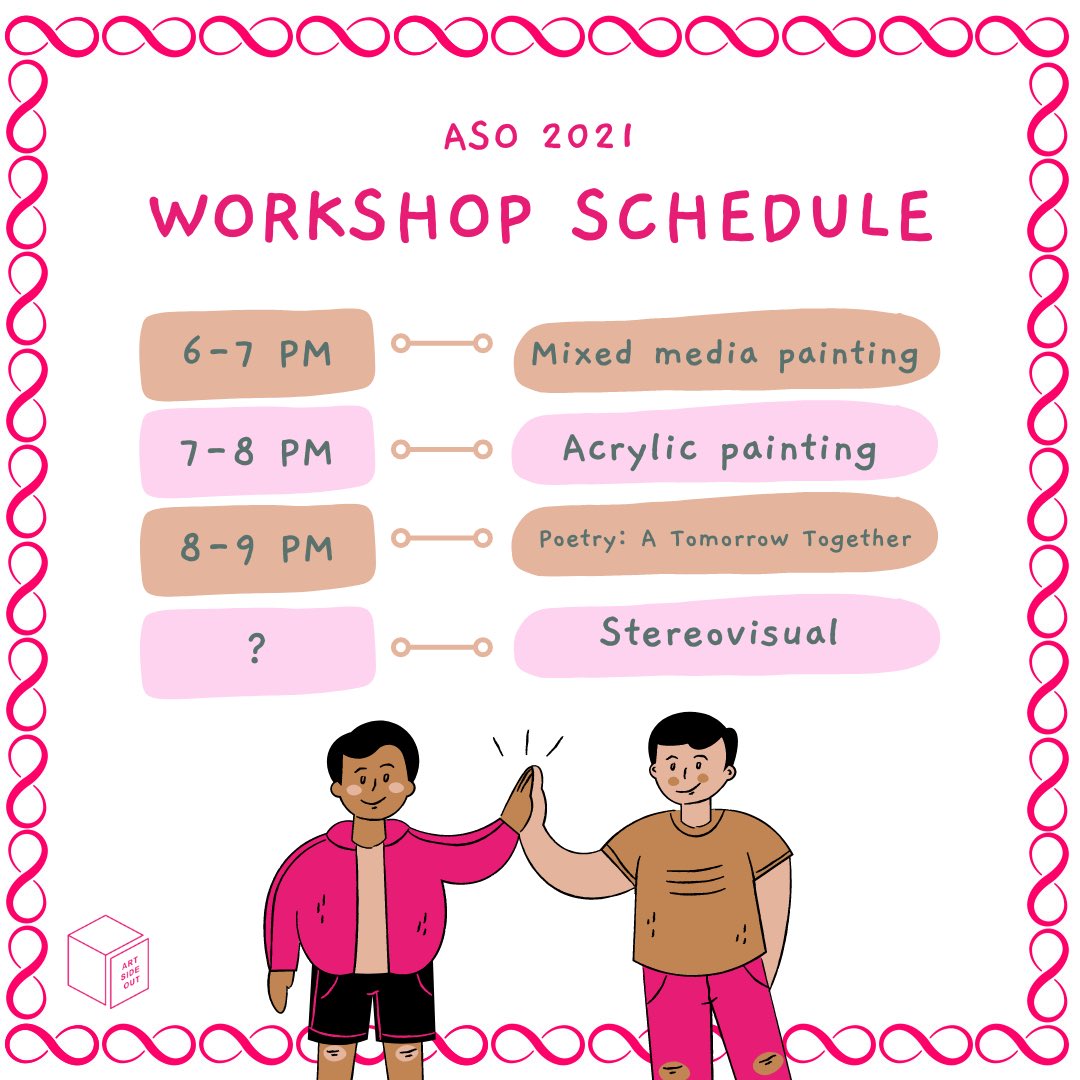 ARTSIDEOUT's tweet image. ASO Arts Workshops is coming back after a successful launch last year! Clear your schedules on the day of the festival, October 7th, 2021, for a fun day of MANY virtual workshops!

Please note that the schedule is still subject to change, and that more workshops may be added.