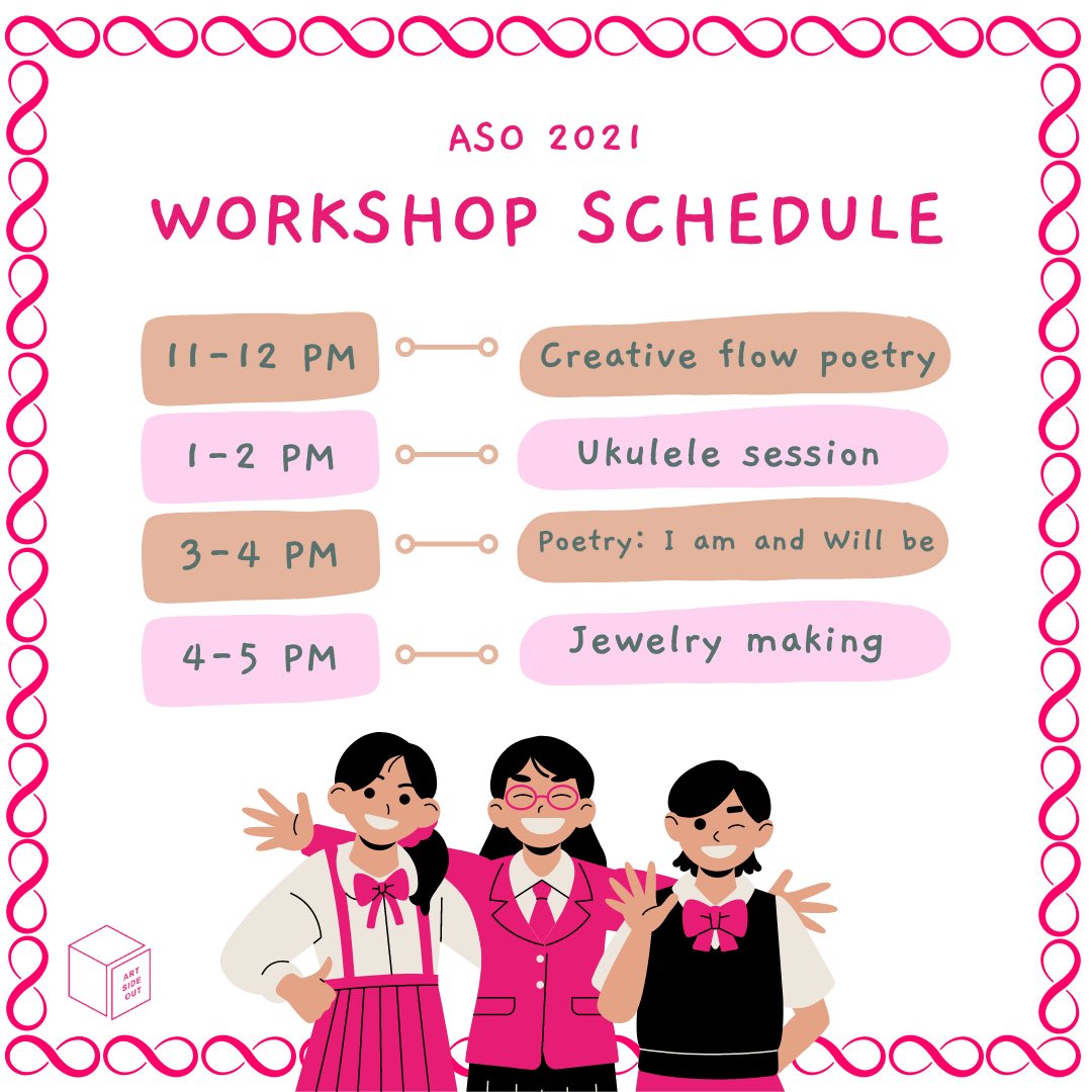 ARTSIDEOUT's tweet image. ASO Arts Workshops is coming back after a successful launch last year! Clear your schedules on the day of the festival, October 7th, 2021, for a fun day of MANY virtual workshops!

Please note that the schedule is still subject to change, and that more workshops may be added.