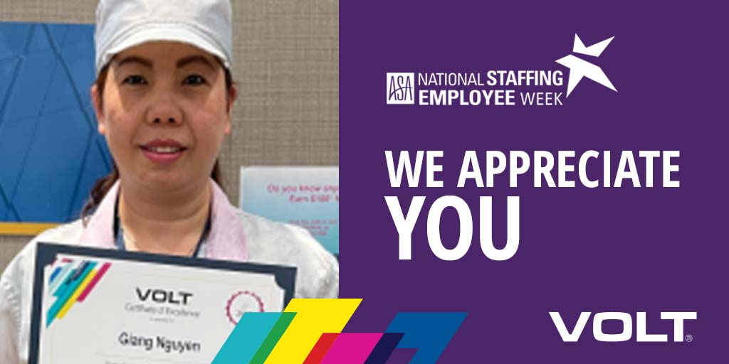 “I like working for Volt, the shift time works for me and the staff is helpful and friendly. The facility is clean and I appreciate that.”

 Thank you, Giang, for being one of our amazing Staffing Stars!

 #NationalStaffingEmployeeWeek