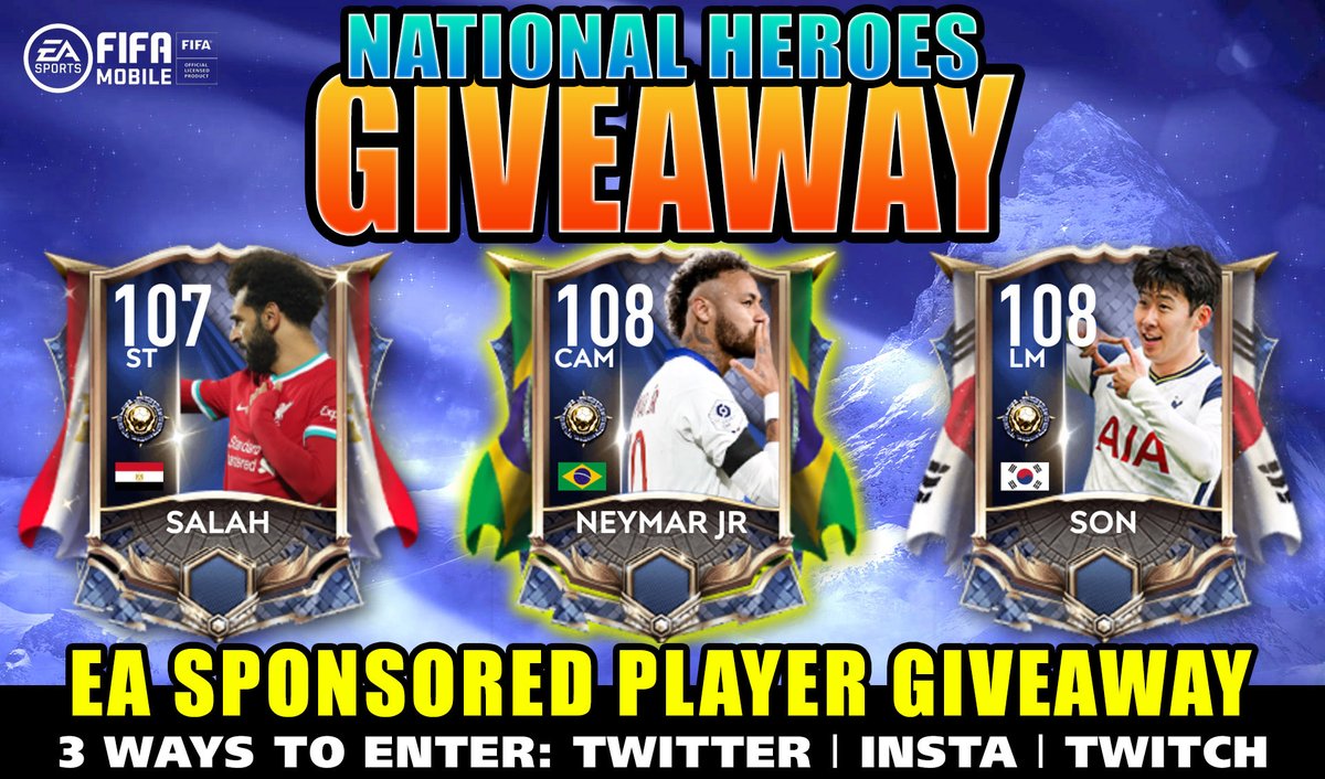NAT HEROES GIVEAWAY!
Thank @EAFIFAMOBILE for sponsoring!
Winner's Choice! (including a *SUPER RARE* Neymar!)

TO ENTER ON TWITTER:
- Follow <a href="/FinallyHeSleeps/">FinallyHeSleeps</a> &amp; @EAFIFAMOBILE
- Like / RT
- Comment your Player choice

Winner chosen Sept 19
Follow twitch.tv/FinallyHeSleeps to catch it!