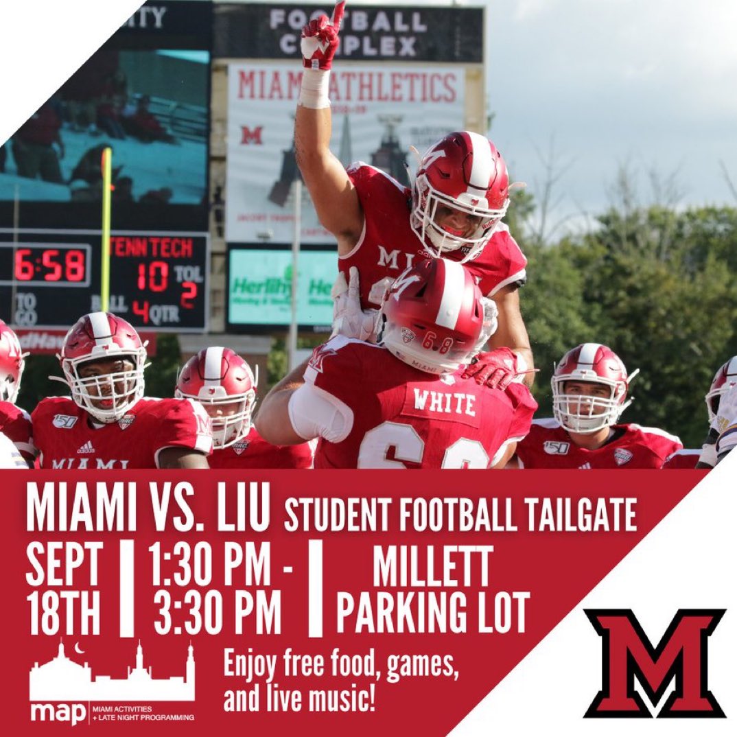 Miami MAP (@miami_map) on Twitter photo This Saturday is <a href="/MiamiOHFootball/">Miami Football</a> first home football game! From 1:30 to 3:30 PM, join us in the Millett parking lot to get ready for the game with free food, games, and live music! π This Saturday is <a href="/MiamiOHFootball/">Miami Football</a> first home football game! From 1:30 to 3:30 PM, join us in the Millett parking lot to get ready for the game with free food, games, and live music! π