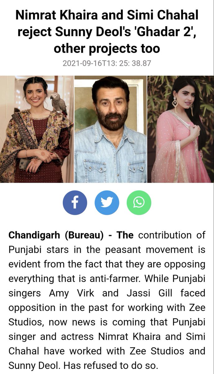 learnpunjabi's tweet photo. Well done Nimrat Khaira and Simi Chahal for rejecting to work with Sunny Deol. #FarmersProtest https://t.co/oUxf3PfekW