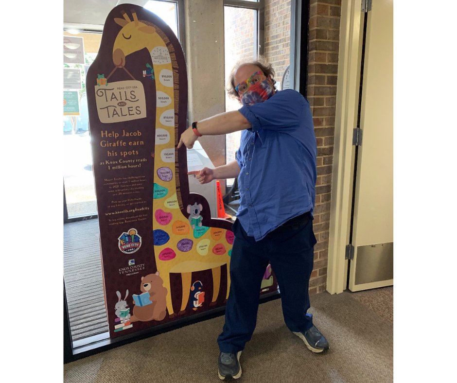 Who is that masked man, and what is he pointing at? Why, it's <a href="/knoxreads/">Knox County Public Library</a> Thomas Anderson, and he's pointing at the next spot Jacob Giraffe will earn when we reach 750,000 hours of reading on our #TalesAndTales million-hour reading expedition. So keep reading, y'all! <a href="/ReadCityUSA/">ReadCityUSA</a>