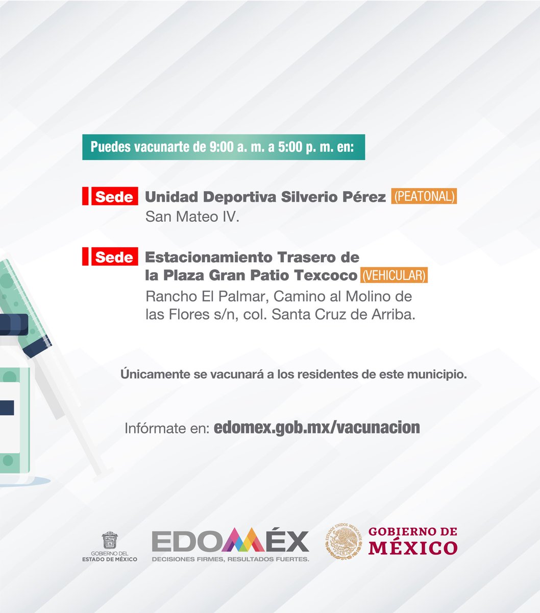 alfredodelmazo's tweet photo. Del 17 al 19 de septiembre estaremos aplicando la primera dosis a personas de 18 a 29 años y mujeres embarazadas en #Texcoco. #EstrategiaDeVacunación https://t.co/dqTjIY1KFY