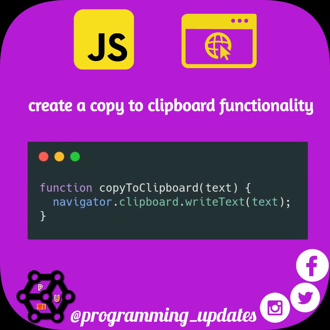 ProgrammingUpds's tweet photo. Create a copy to clipboard functionality by using JavaScript

#webdevlopment https://t.co/CGTJJdAZKq