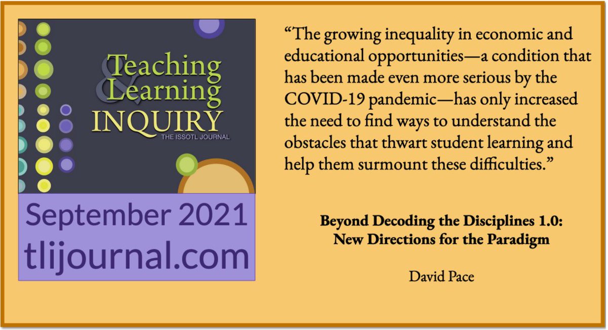 David Pace’s article in the newest issue of the TLI provides an overview of how the paradigm of Decoding the Disciplines has evolved since its first appearance on the SoTL stage in 2004. Check it out at 
doi.org/10.20343/teach… <a href="/TLI_ISSOTL/">Teach&Learn Inquiry</a> #sotl
journalhosting.ucalgary.ca/index.php/TLI/…