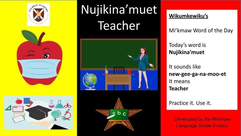 MareProsper's tweet photo. Kwe' our Grade 9 Dalbrae Mi'kmaw Word of the Day is Back and better then ever. Our class is willing to search words that everyone would love to learn, send us words that you might want to learn. Enjoy! Kiskuk Klusuaqn na Nujikina'muet - today's Mi'kmaq word of the day is Teacher https://t.co/G9reaEeyFb
