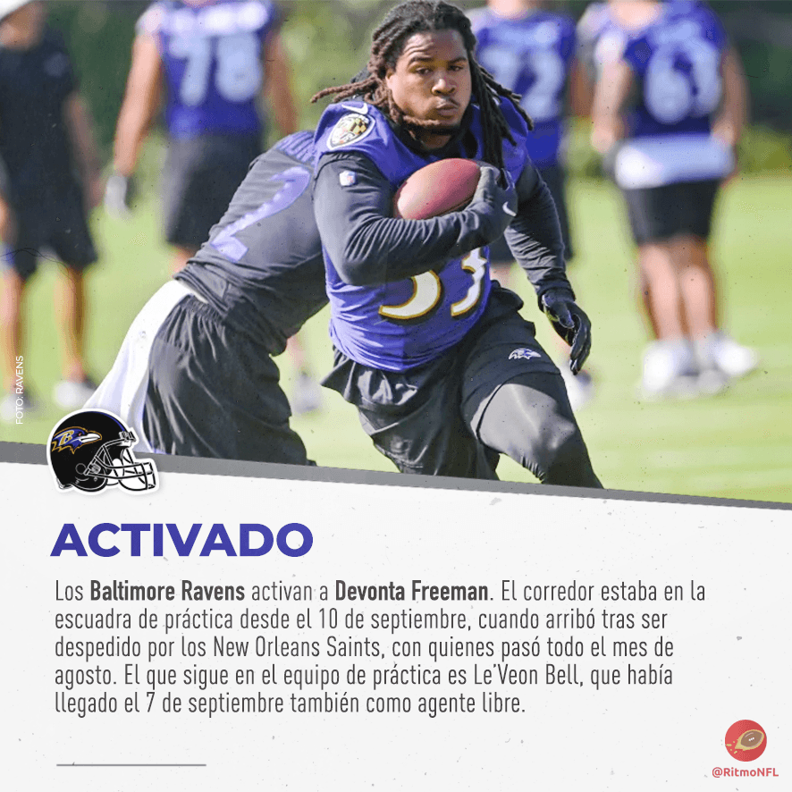RitmoNfl's tweet photo. Los @Ravens activan a #DevontaFreeman desde la escuadra de prácticas, por lo que el domingo, cuando Baltimore reciba a los @Chiefs, podrá jugar. Los otros dos RB que figuran activados son #TySonWilliams y #LataviusMurray. https://t.co/3Esl7fzT0F