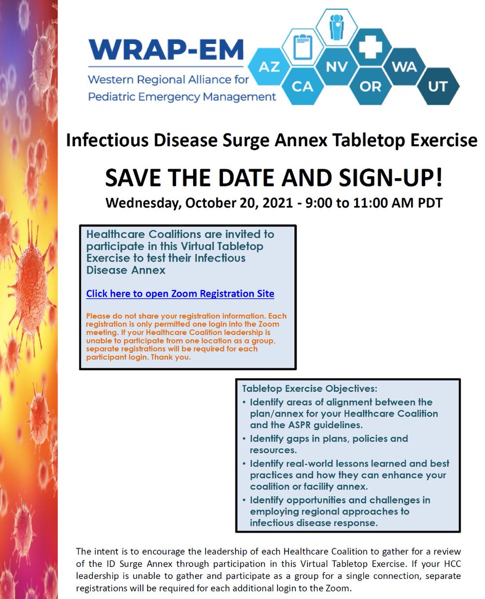 TheWRAPEM's tweet photo. Save the date for our upcoming #infectiousdisease  virtual exercise! 👀
October 20th 9-11 AM PDT
Register at https://t.co/RzV23Kuu94 https://t.co/hkbT57aMVi