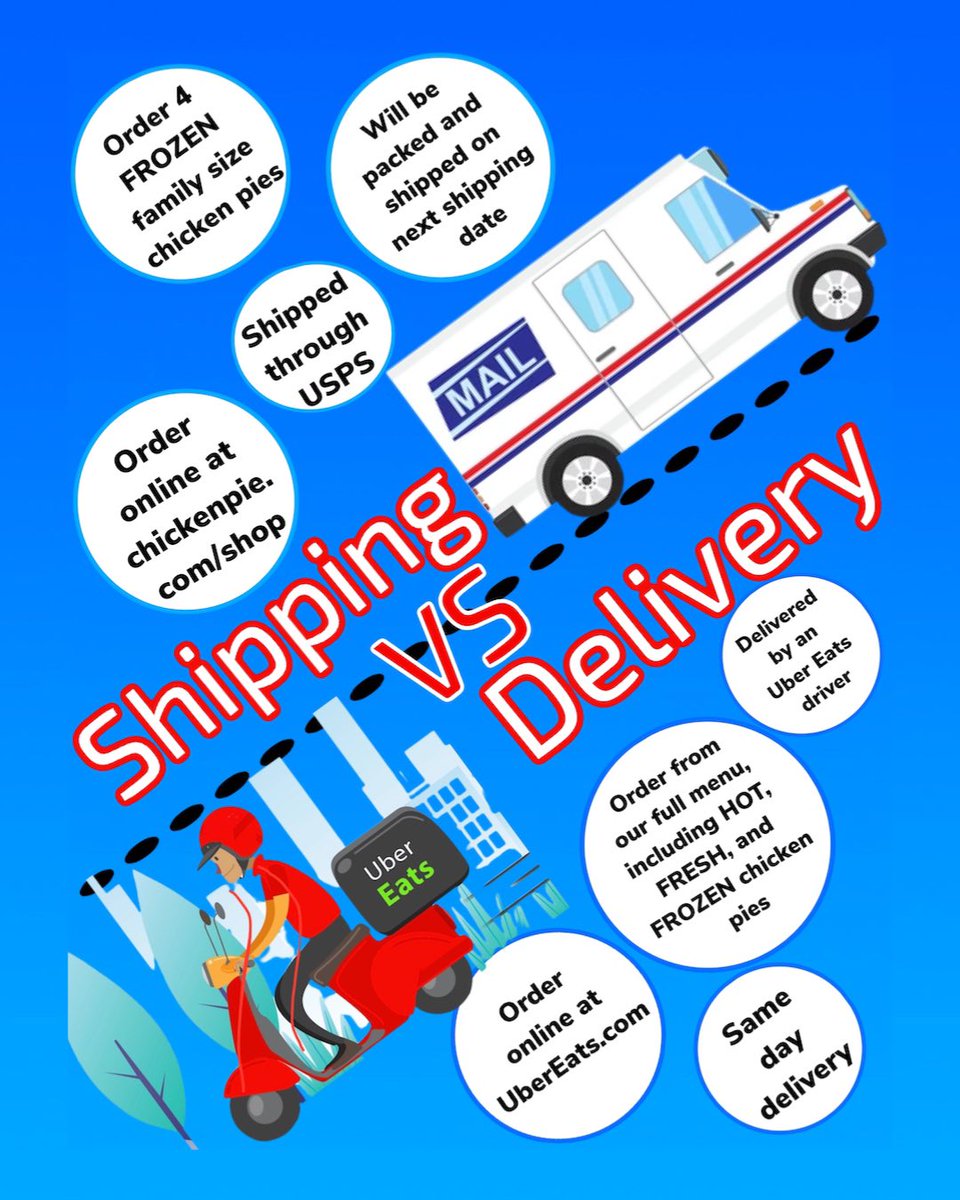 Shipping VS Delivery: which method best fits your needs? 

Shipping - order online at chickenpie.com/shop

Delivery - order online at UberEats.com