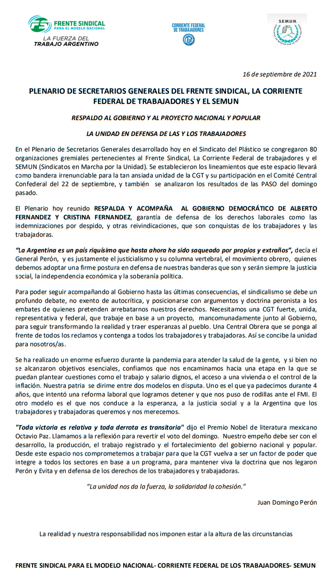 urgaracom's tweet photo. Compartimos el documento del Plenario de Secretarios Generales de la Corriente Federal de Trabajadores, el #SEMUN y el Frente Sindical para el Modelo Nacional, del que participamos hoy analizando el presente del movimiento obrero de cara a la #unidad y del país tras las #PASO https://t.co/kPSd42qcHB