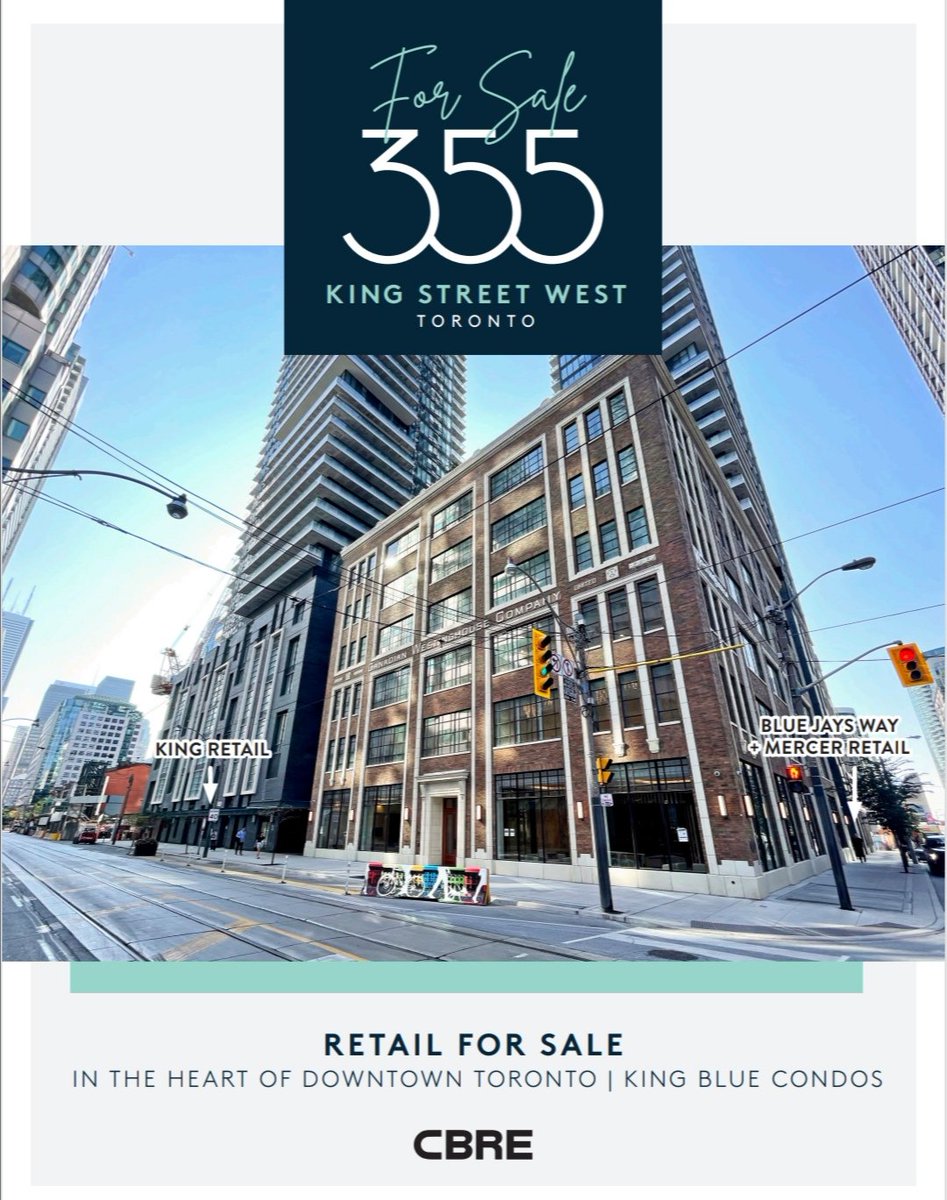 RETAIL FOR SALE! 
355 King Street West is comprised of 4 retail units in the heart of Downtown Toronto. Just mins away from the financial core and in the epicentre of Toronto’s development boom.
Contact for details:
Teddy Taggart
647-464-6642
Teddy.Taggart@cbre.com
#Retail