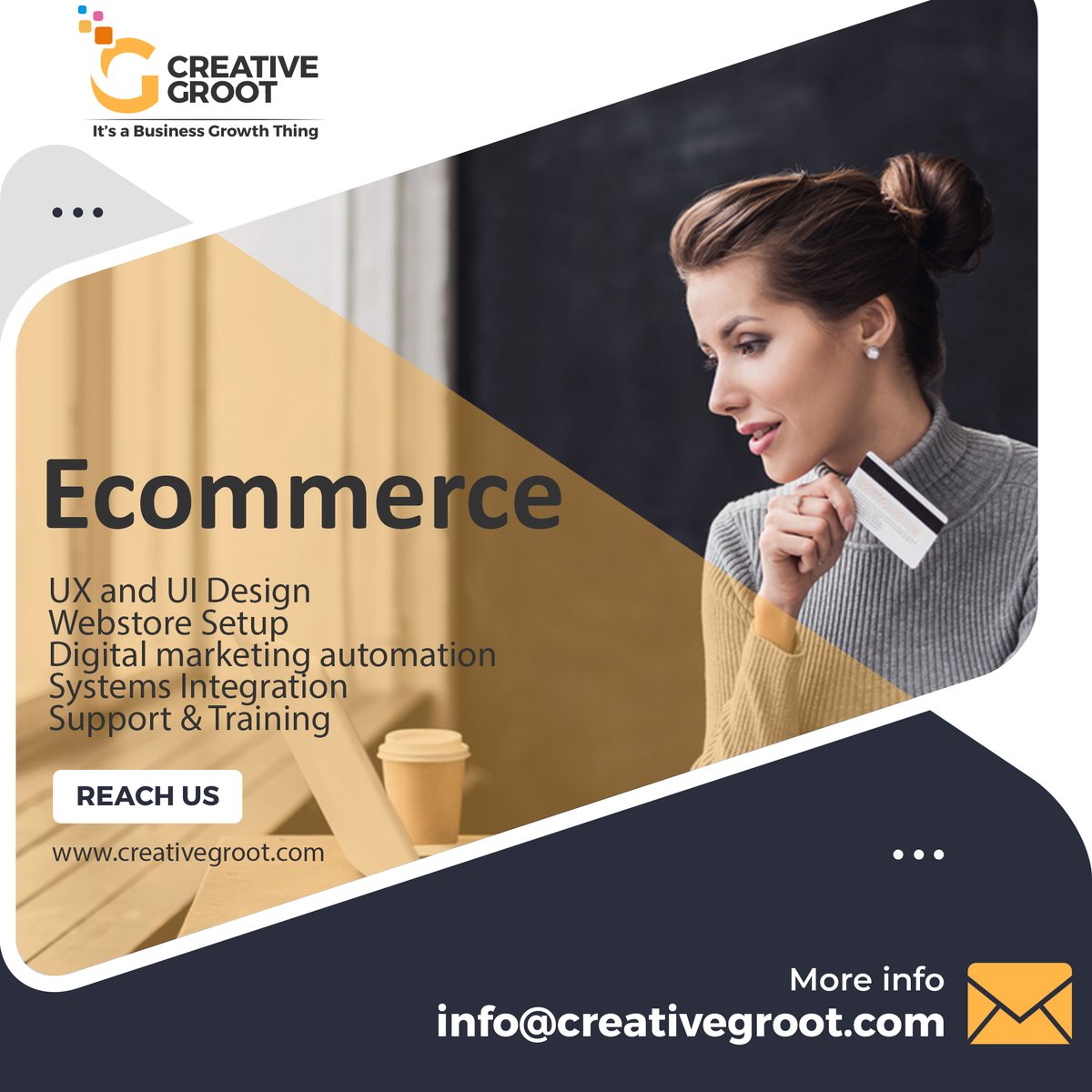 CreativeGroot's tweet image. With more brands to choose from than ever before, standing out in a crowded eCommerce landscape is hard. That's where we come in. 

Reach Us: creativegroot.com 
Email: info@creativegroot.com