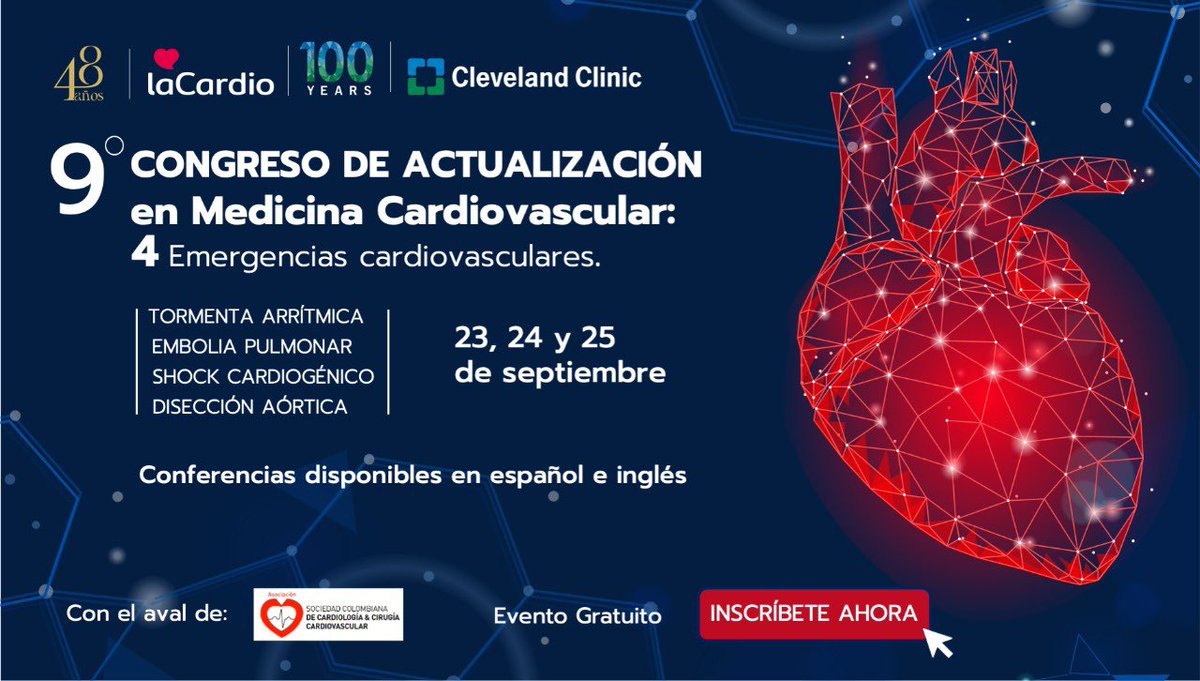 sccccardio's tweet photo. LaCardio reconocido como el 1° mejor hospital de Colombia y el 3° de América Latina, en conjunto con su aliado académico Cleveland Clinic, desarrollarán la 9ª Edición del Congreso de Actualización, titulado “4 EMERGENCIAS CARDIOVASCULARES según La Cardio y Cleveland Clinic" https://t.co/b5ADbKeP9x