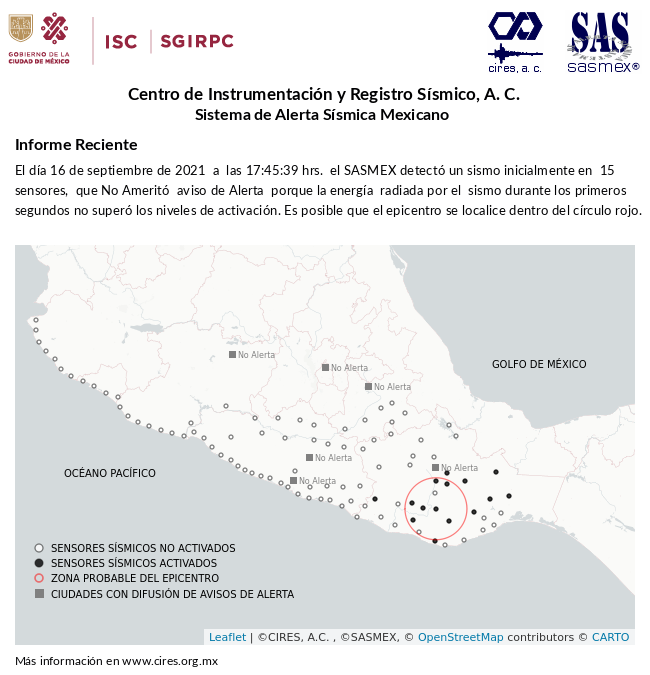 SASMEX's tweet photo. Informe preliminar del #Sismo del 16-sep-21 a las 17:45:39 hrs. Más información en https://t.co/vYY8LrLJzg #TenemosSismo #LaPrevenciónEsNuestraFuerza https://t.co/W0KthHLFPF