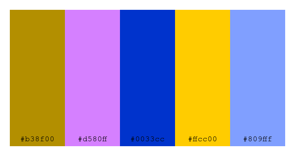 ColPaletteBot's tweet photo. Beep beep, here's a pretty color palette for you!
color-scheme.js parameters used:
- hue: 90
- variation: default
- colors: #b38f00, #d580ff, #0033cc, #ffcc00, #809fff
Have a lovely evening!
#twitterbot #colorpalette #colors #palette #prettycolors https://t.co/GurNjXe3dm