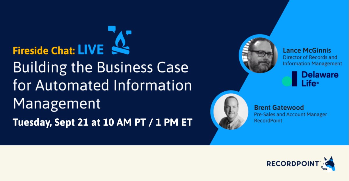 RecordPoint's tweet image. Join us for a conversation with Lance McGinnis, Director of Records and Information Management at Delaware Life. We’ll discuss evaluating ROI and simplifying the value proposition of a modern information governance program. rcrdpt.news/3hER8yx