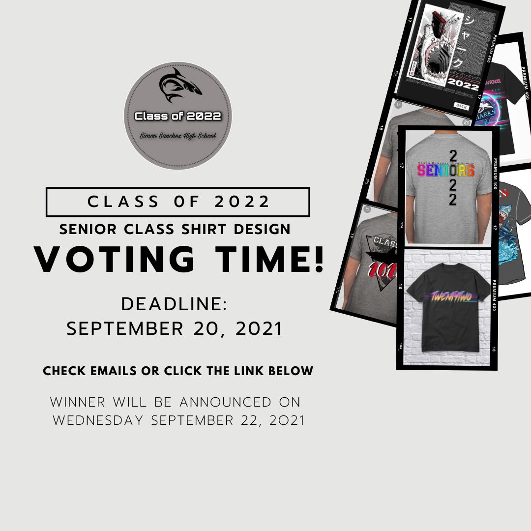 sshsco2022's tweet photo. VOTING TIME! 📣
Vote for your favorite design to be on our SENIOR SHIRT! 

Voting will be from September 17-20, 2021
Click the link below to start voting! 🦈
Goodluck everyone! 
https://t.co/Y7dp8BlWU2 https://t.co/sB2LcpBlAV