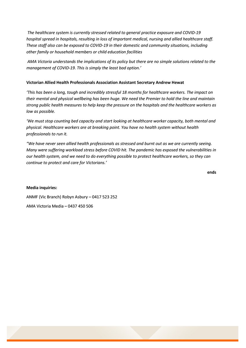anmfvic's tweet photo. Victorian #nurses, #midwives, #paramedics, #doctors, and #alliedhealth profs are calling on the Andrews Govt to apply extreme caution and put lives and the capacity of the workforce and health system first as it makes decisions about easing restrictions and opening up. #springst https://t.co/9FVJX91rv9